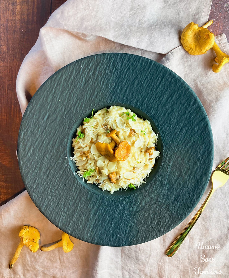 Mushroom cheese risotto on a plate, mushrooms (chanterelles), parmesan cheese, cloth, sliced almonds, wine bottle, red wine, wine glass