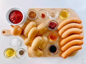 Currywurst – Grilled sausage and tomato curry sauce served with fries ingredients