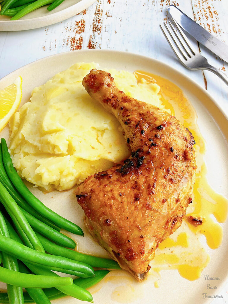 Oven-baked marinated chicken with paprika powder and lemon sauce