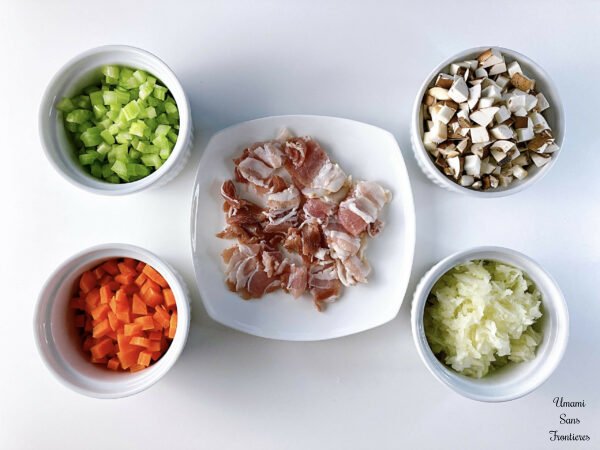 Bolognese cut carrot onion mushroom celery bacon
