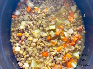 Linsensuppe lentils soup in a pot