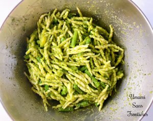 Pasta Pesto pasta torofie with pesto potatoes and green beans in a bowl