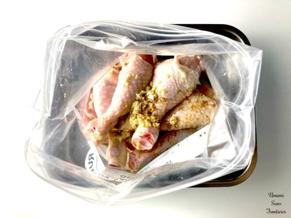 Karaage Chicken drumsticks soy sauce sake white wine ginger garlic sesami oil
