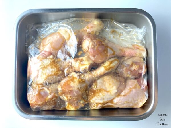 Karaage Chicken drumsticks soy sauce sake white wine ginger garlic sesami oil