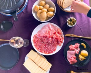 Raclette machine potatoes cornichons Raclette cheese Cured meats white wine bread