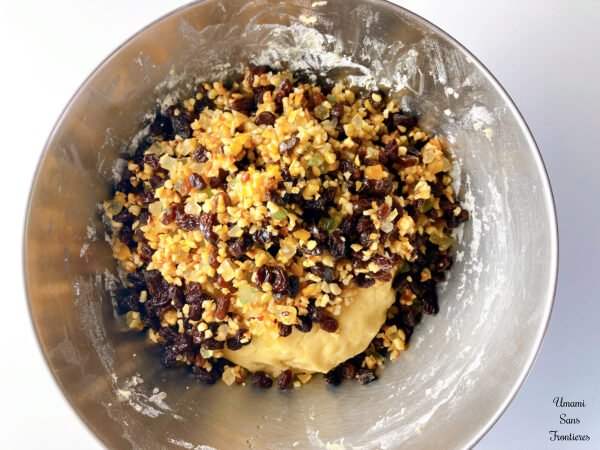 Stollen dough dried rasins orange peel lemon peel almonds apple juice mixture