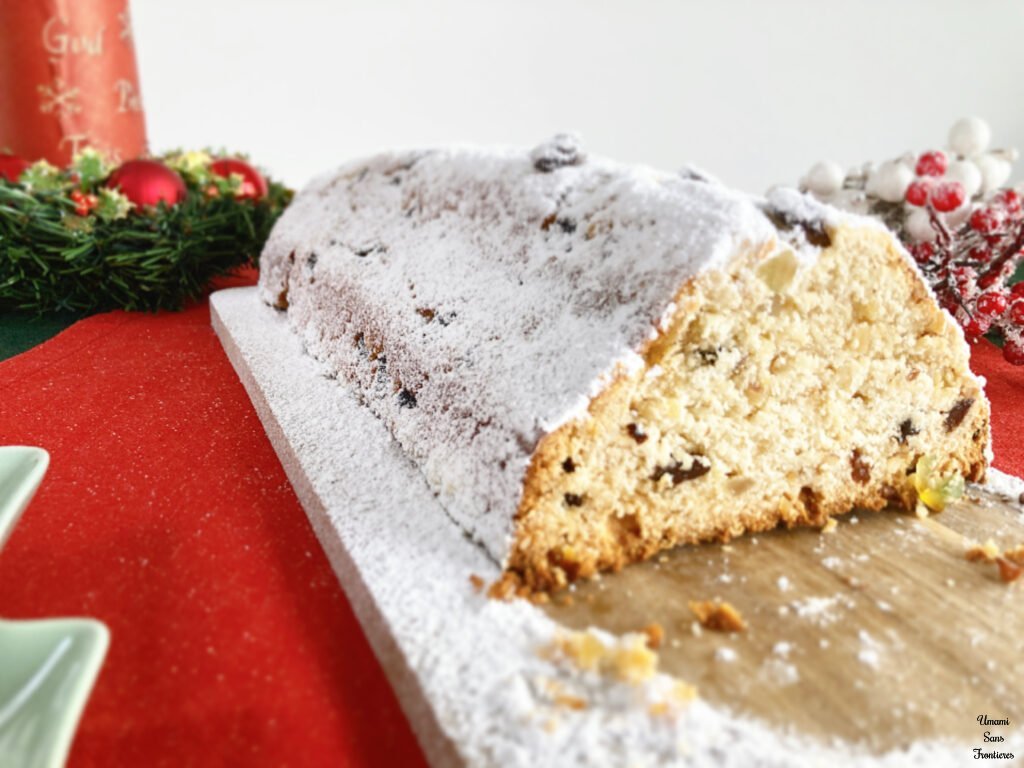 Stollen stollen on a wooden plate