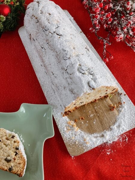 Stollen stollen on a wooden plate