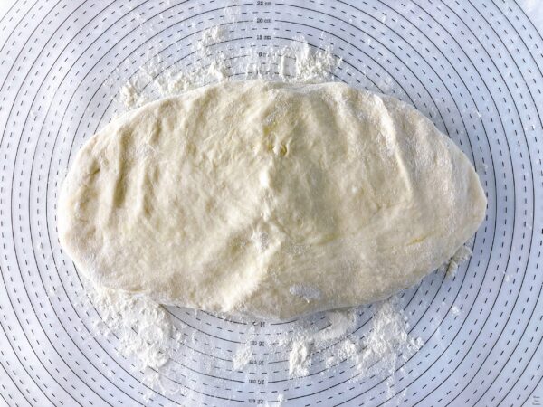 Pizza Quattro Formaggi pizza dough in the form of rectangle