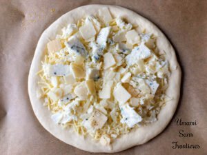 Pizza Quattro Formaggi Emmental mozzarella Gorgonzola Parmesan cheeses over the dough