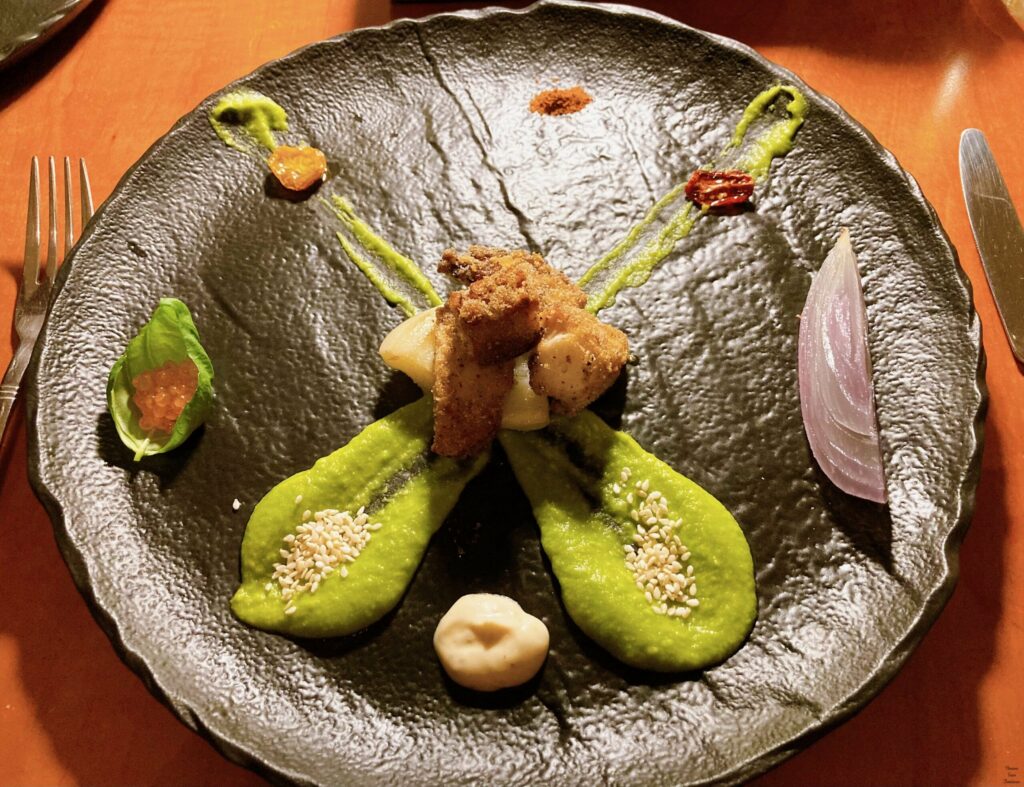 First course wasabi cream octopus frit ikura