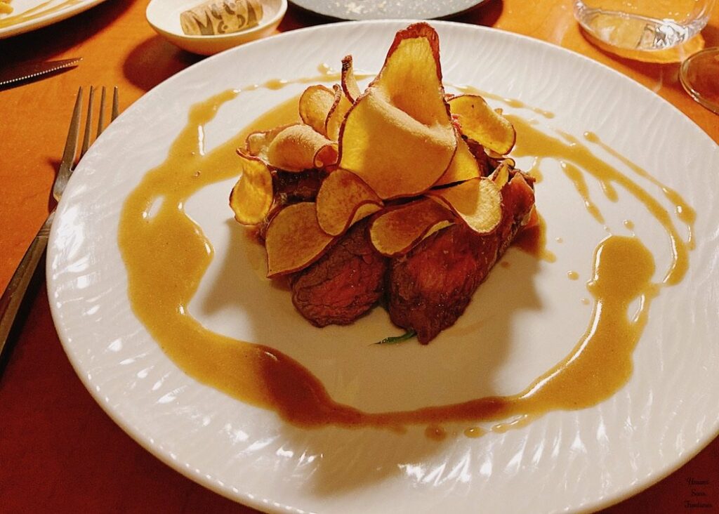 crispy sweet potato chips paired wonderfully with tender, flavorful meat and sauce