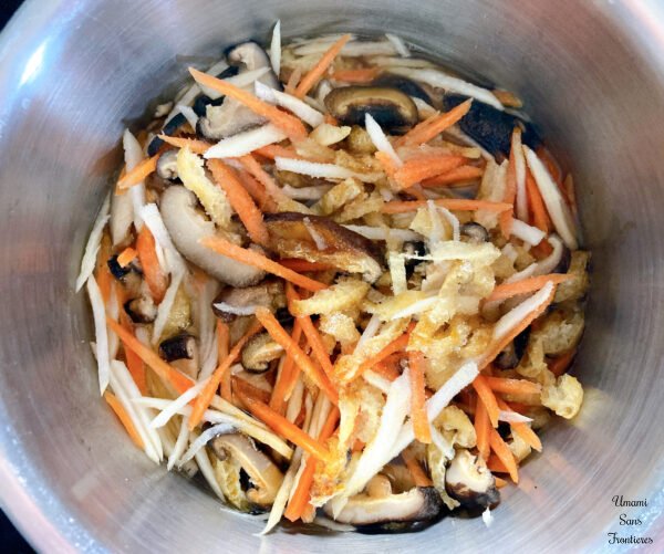 Carrot parsnip aburaage shiitake shiitake soup white wine soy sauce sugar mirin