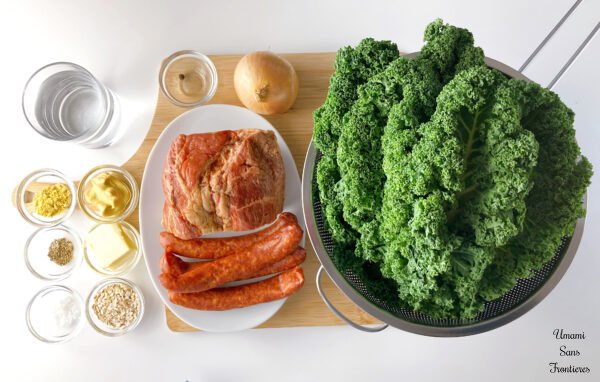 German-Style Slow-Cooked Kale (Grünkohl) with Smoked Pork (Kassler) ingredients