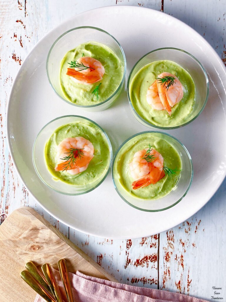 Avocado yogurt mousse shrimp herbs spoons