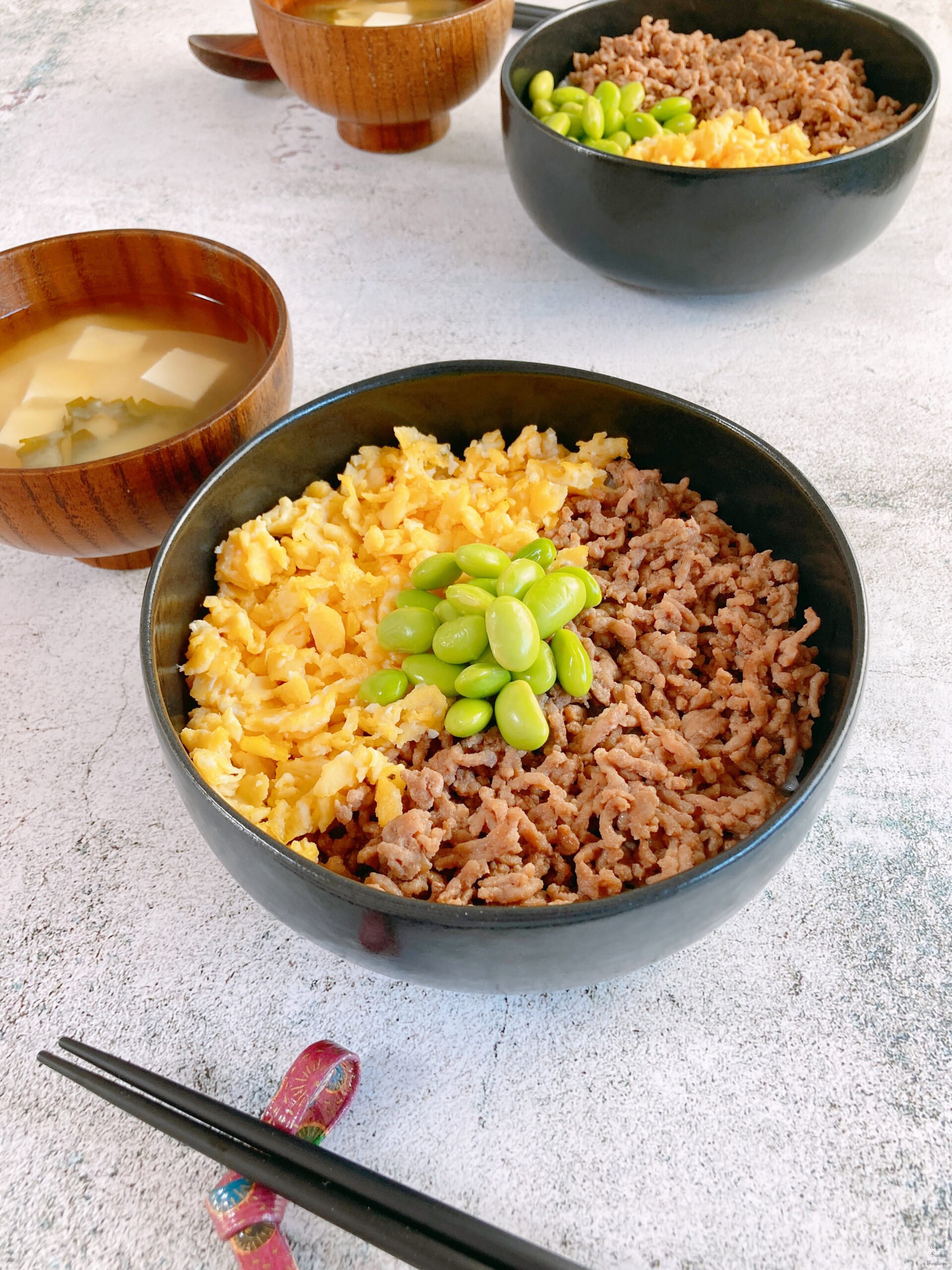 Japanese Three-Color Rice Bowl s(Sanshoku Donburi) Chopsticks miso soups