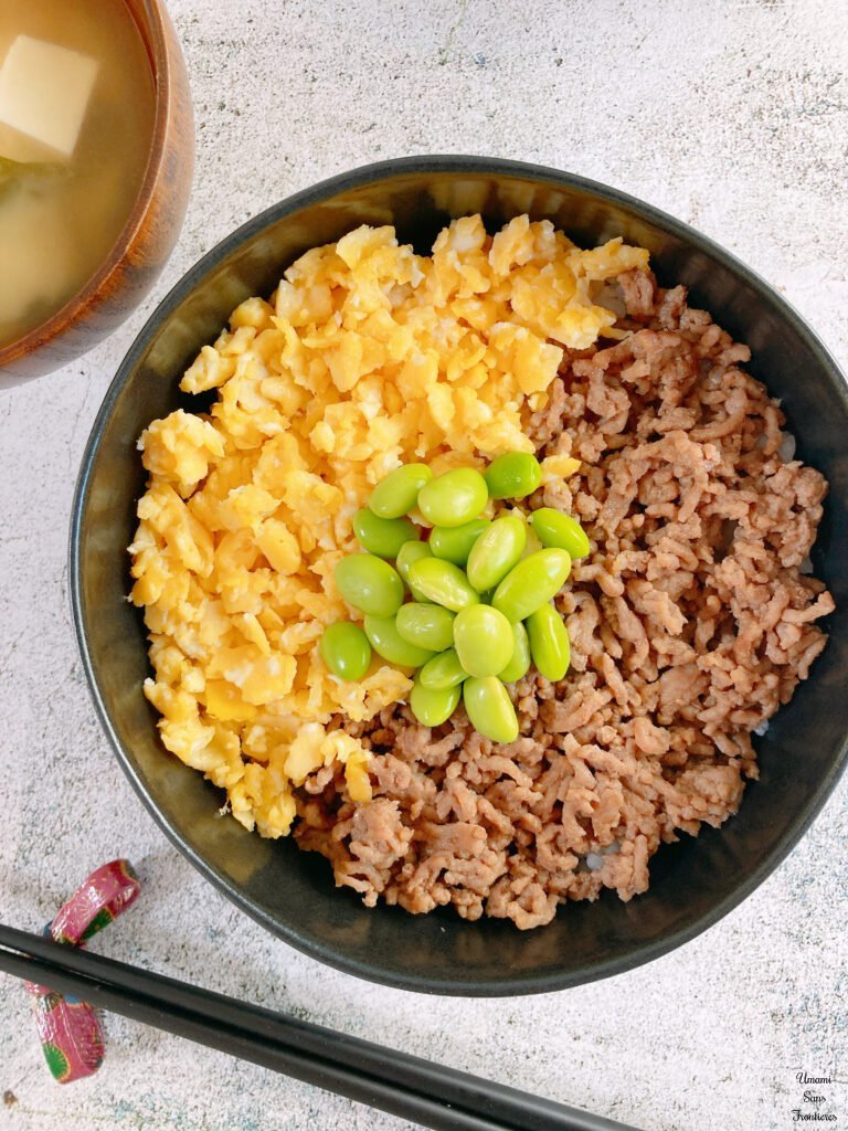 Japanese Three-Color Rice Bowl (Sanshoku Donburi) Chopsticks miso soup
