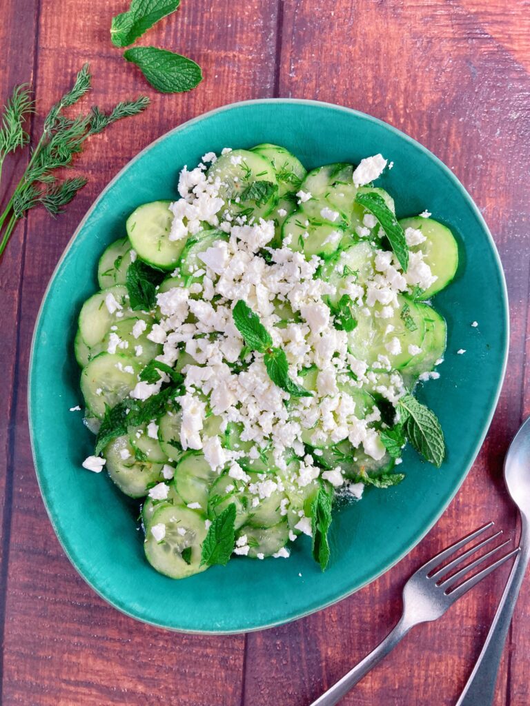 Cucumber salad mint feta cheese dill spoon fork