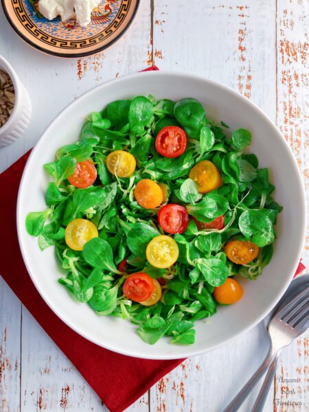 Raspberry Vinaigrette & Lamb’s Lettuce Salad – French-Inspired Favorite Feta cheese salad mix spoon fork