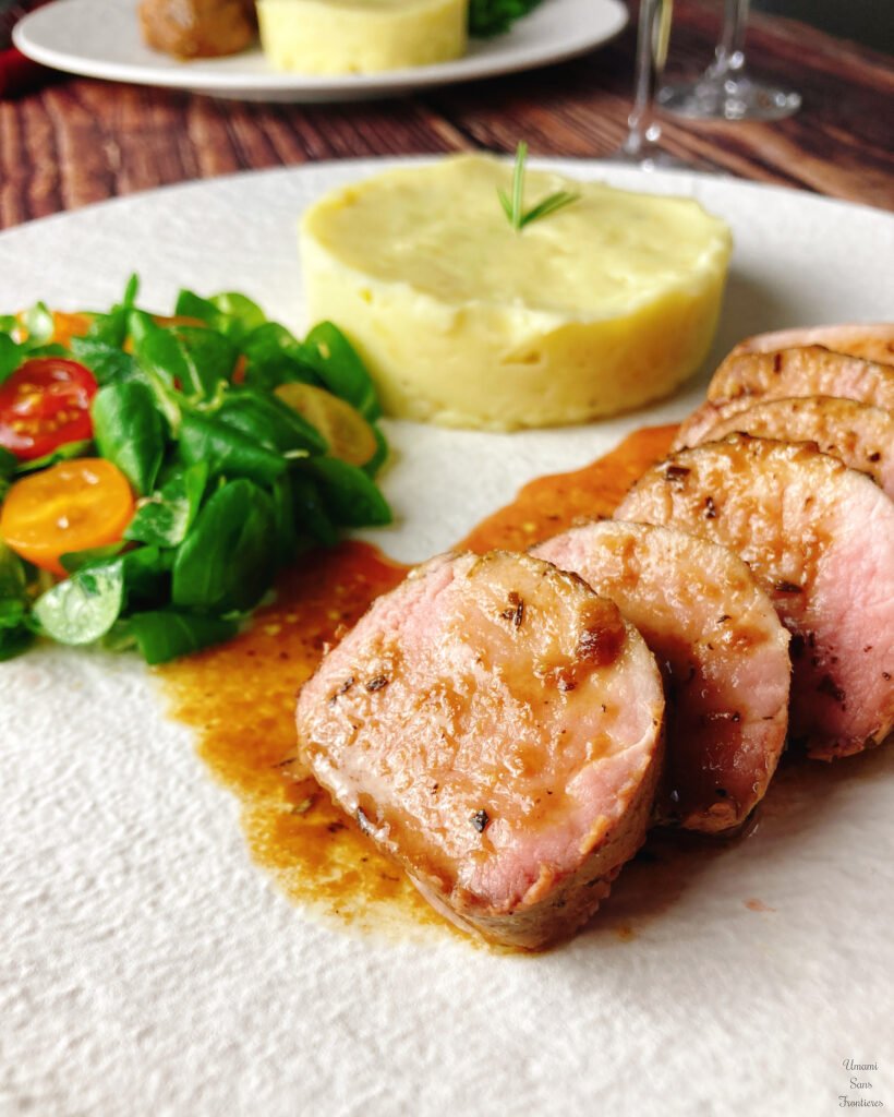 Juicy Pork Tenderloin with Honey Balsamic Sauce salad mashed potatoes 