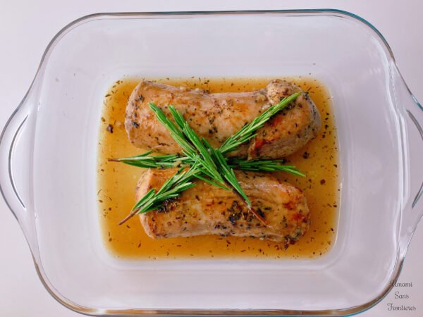 transferred pork fillet in a ovenproof dish
