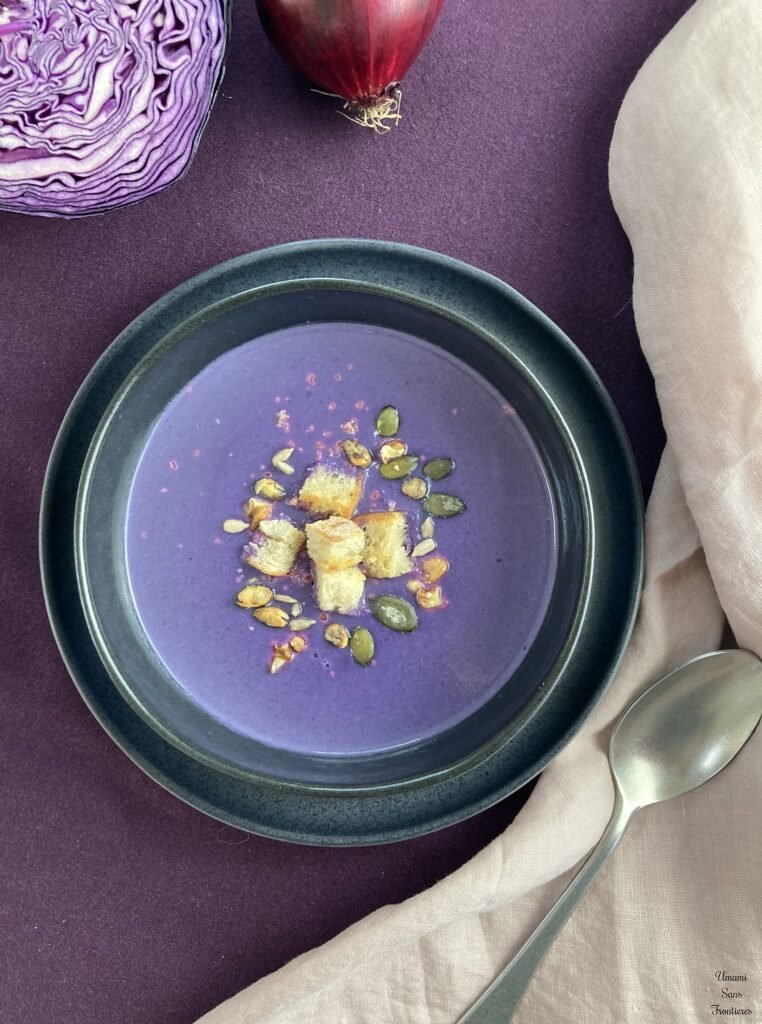 Creamy Purple Cabbage Soup with Coconut Milk red cabbage red onion spoon tissu 