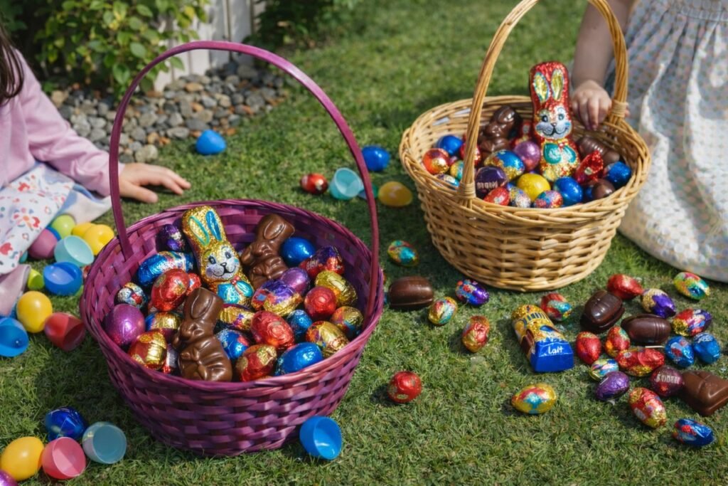 chocolates eggs in baskets
