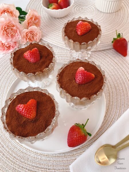 4 glasses of chocolate tiramisu flowers spoon