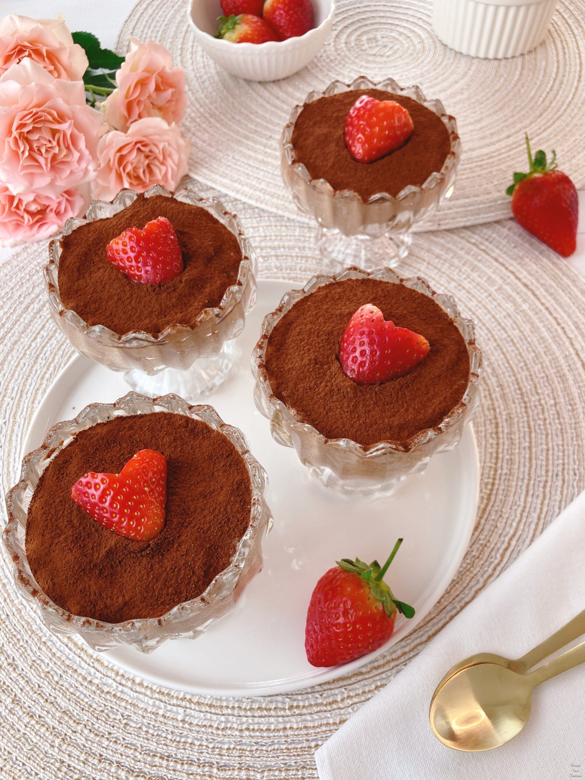 4 glasses of chocolate tiramisu flowers spoon