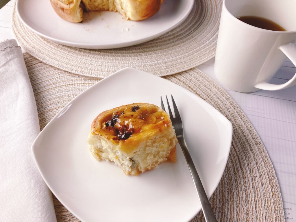 one piece of apple roll bread cup of tea