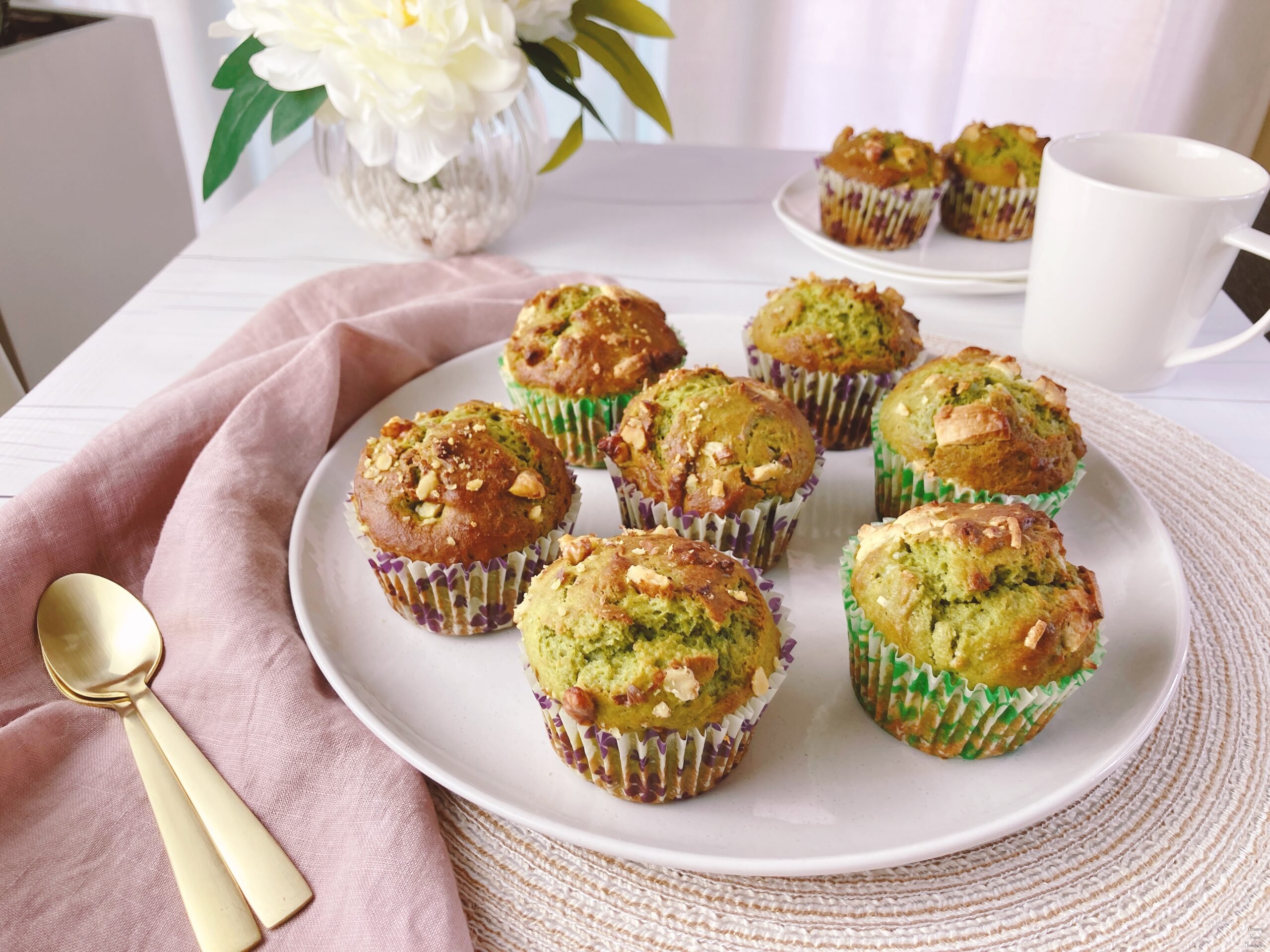 matcha muffins spoons coffee flowers