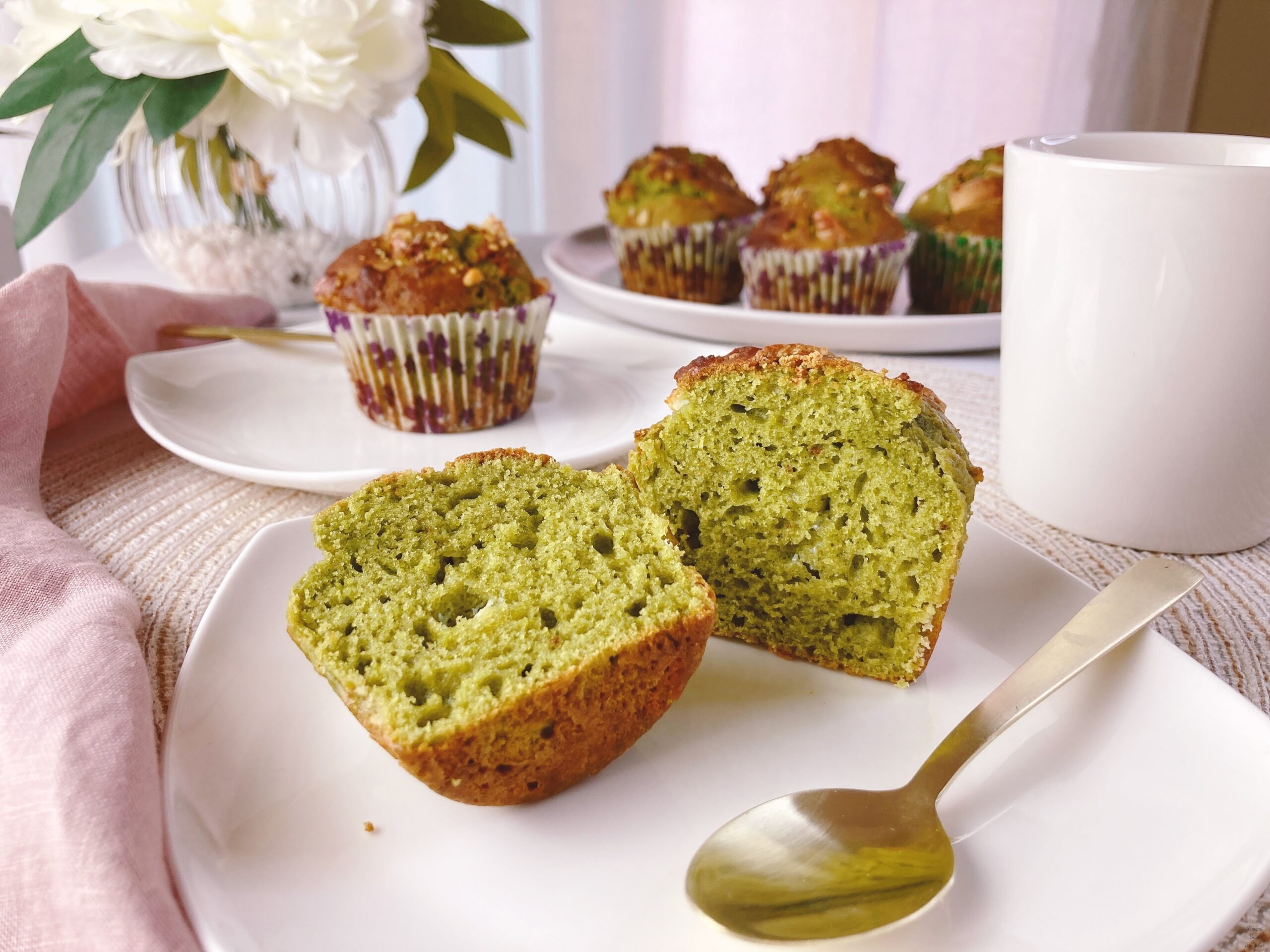 matcha muffin cut spoon