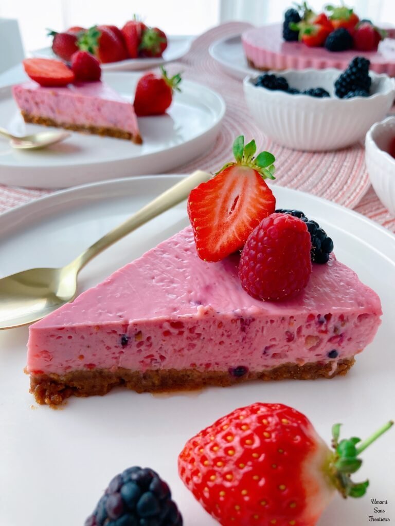 piece of Strawberry and berry cheese cake strawberry blackberry