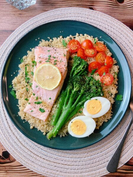 Poached Salmon and Quinoa Plate with Lemon Soy Sauce