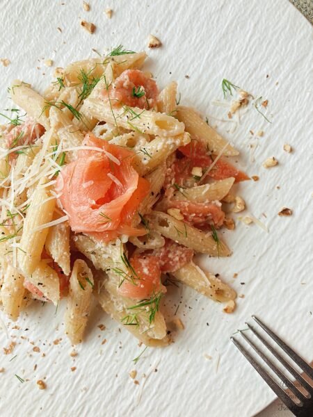cold lemon pasta with smoked salmon and walnuts parmesan cheese