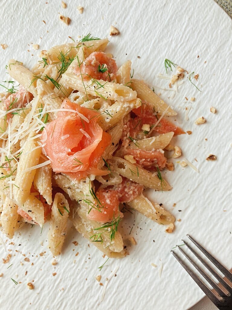 cold lemon pasta with smoked salmon and walnuts parmesan cheese