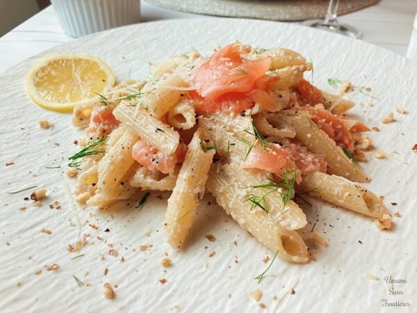 cold lemon pasta with smoked salmon walnuts parmesan cheese