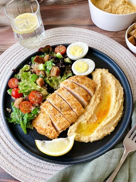 Middle Eastern Quinoa Salad with Grilled Chicken and Hummus