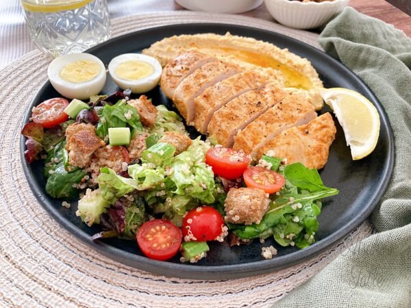 salad lemon boiled eggs grilled chicken hummus