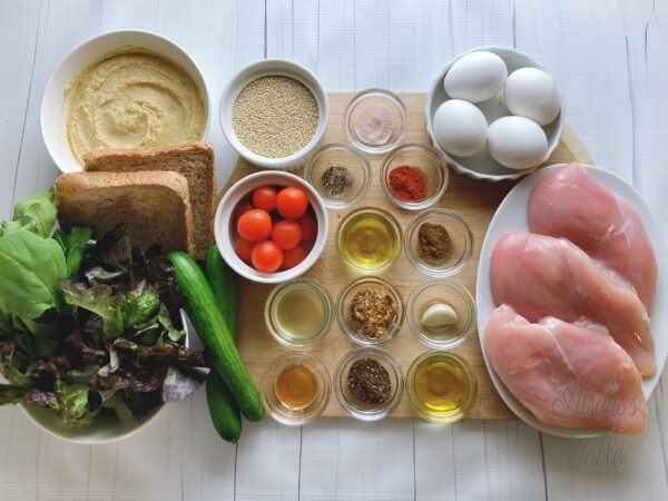 Middle Eastern Quinoa Salad with Grilled Chicken and Hummus ingredients