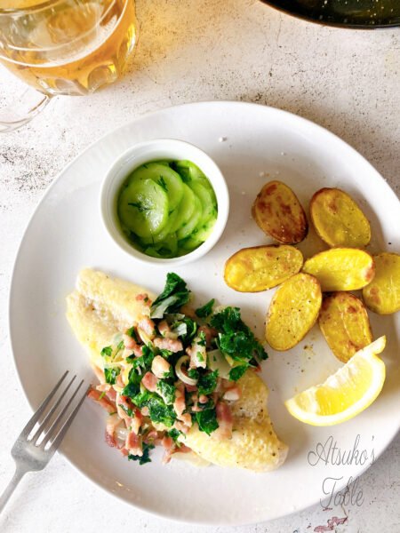 white fish fillet cucumber salad potato spinach bacon onion beer lemon