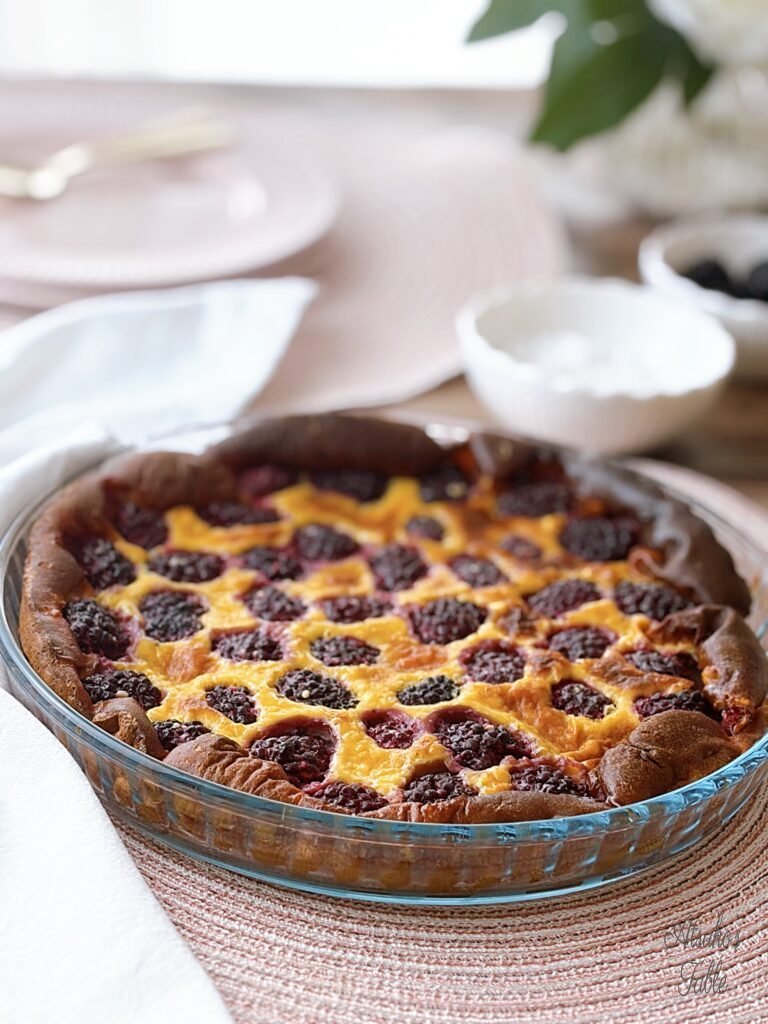 blackberry clafoutis icing sugar flower plates