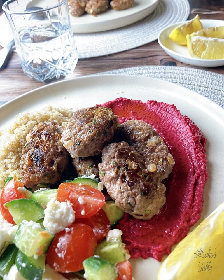 kofta salad beet hummus quinoa water lemon