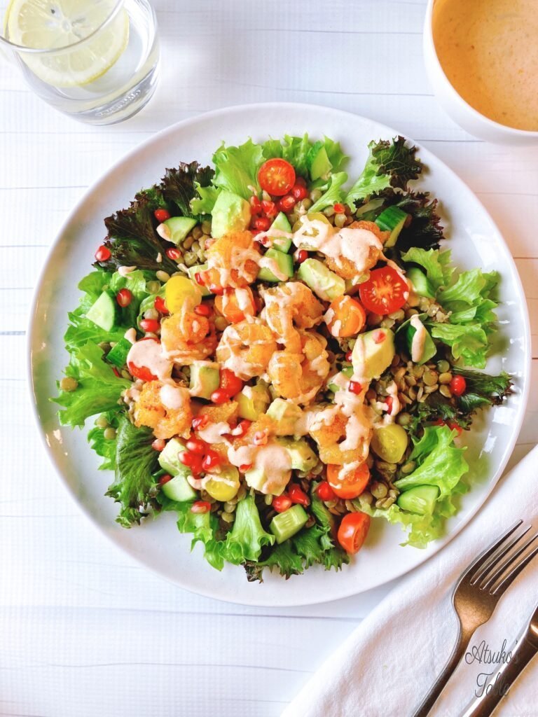 green lentils shrimp salad water mayonnaise sauce fork knife