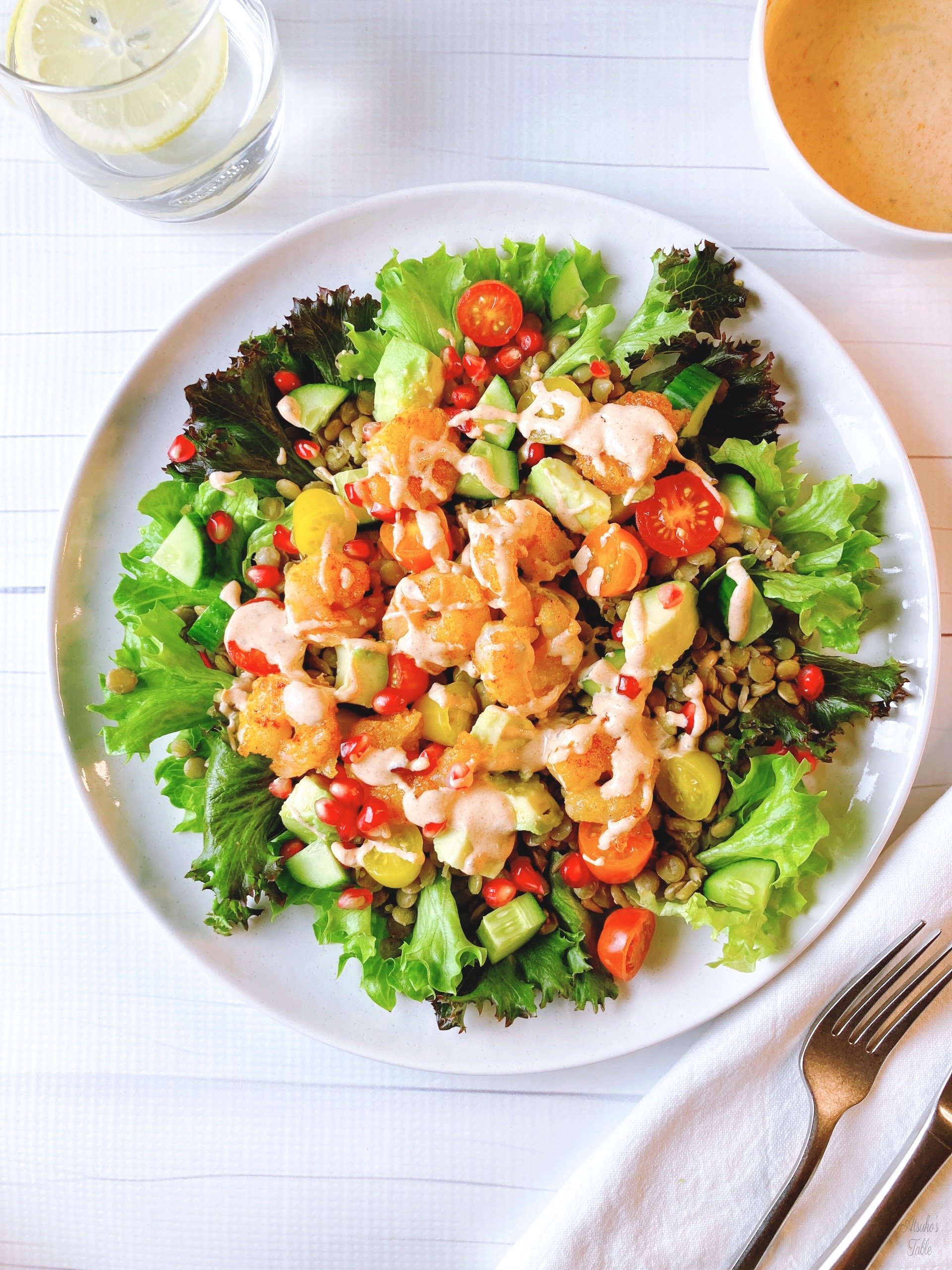 green lentils shrimp salad water mayonnaise sauce fork knife