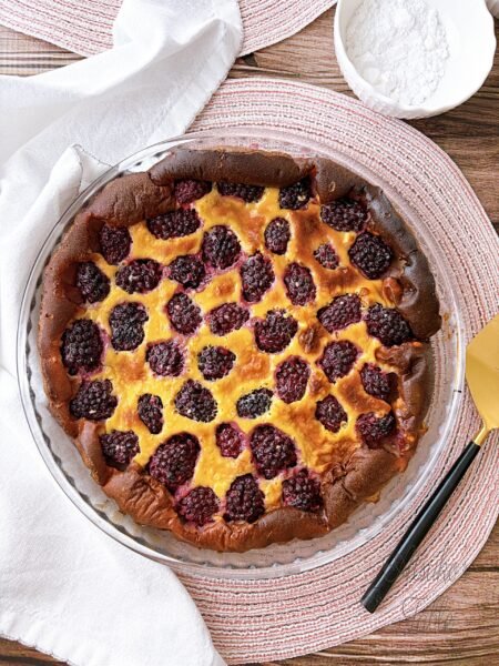blackberry clafoutis icing sugar 